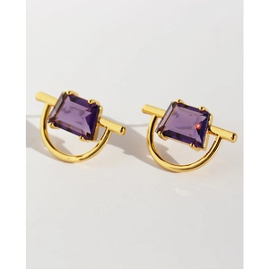 Minimalist gold plated brass earrings with rectangular purple zircon in geometric design