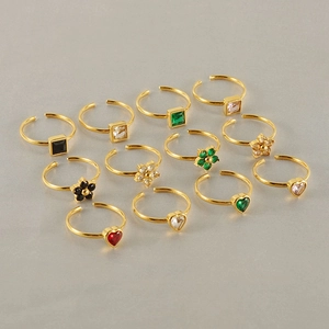 Set of adjustable gold stainless steel rings with colorful heart and square zircon stones