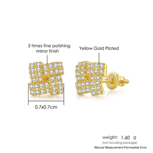 Detail view of gold-plated square stud earrings with white zircons and dimensions
