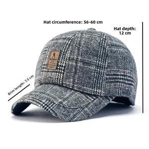 Detailed size guide for grey plaid wool baseball cap with dimensions and leather logo