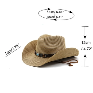 Boheemse strooien cowboyhoed met turquoise kralen en maatinformatie weergegeven