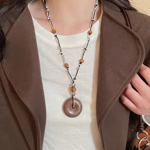 Retro resin wood bead drop pendant necklace with bicolor woven chain for women