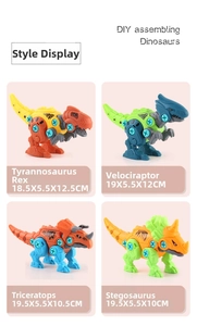 Detailed size guide for four types of DIY take-apart dinosaur toys with screws