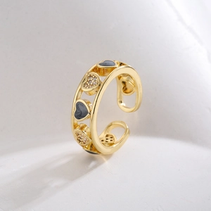 18K gold plated heart ring with black enamel and zircon stones in a minimalist open design