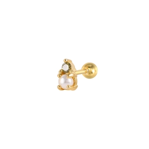 Detail of S925 silver pearl stud earring with green gemstone and threaded screw back