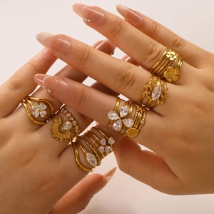 Heart Four Leaf Flower Zircon Gold Plated Stainless Steel Ring Adjustable Waterproof Hypoallergenic Women Accessory