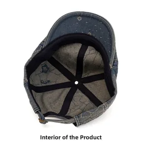 Internal structure of washed denim beret featuring yellow star patterns and metal buckle
