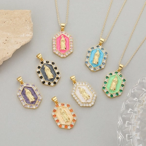 Golden Virgin Mary pendant with colorful enamel and zircon stones in a hexagon shape