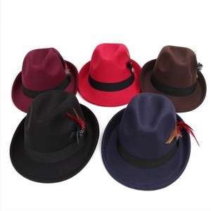 Classic wool felt fedora hats with colorful feathers available in five assorted colors