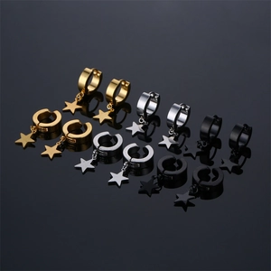 Star Pendant Earrings Stainless Steel Star Shape Dangle Ear Clips And Hoops For Men Women Minimalist Punk Jewelry