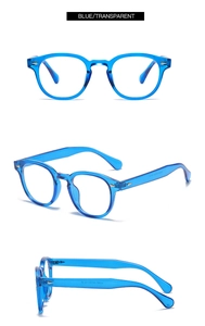 Vues détaillées de monture ronde bleu transparent avec spécifications du modèle E2032