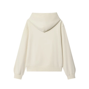 Back view of cream minimalist hoodie with ribbed cuffs and high-quality cotton blend fabric