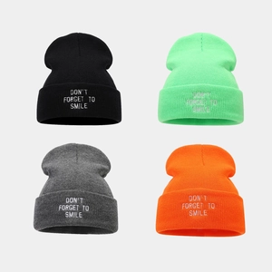 Knitted Beanie Hat Acrylic Ribbed Cuffed Winter Warm Streetwear Fashion Letter Embroidery Don't Forget To Smile Unisex