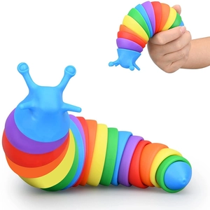 Colorful rainbow slug fidget toy with flexible jointed body for sensory stress relief