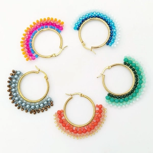 Handmade Woven Glass Seed Bead Hoop Earrings Stainless Steel Post Gold Metal Fan Shaped Bohemian Ethnic Style Jewelry