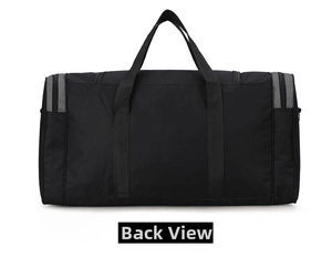 Back view of a large capacity black nylon travel bag featuring sturdy dual handles