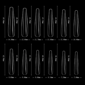 Size chart for 180pcs box of 5XL extra long French coffin false nail tips in 12 sizes