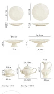 Detailed size chart for vintage embossed ceramic tableware including plates and tea set