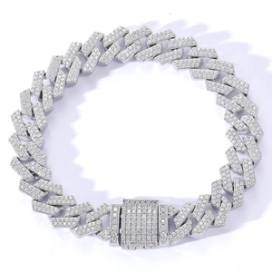 Iced out 12mm silver rhombic Cuban link chain with double row zircon in hip hop style
