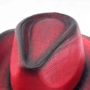 Vintage western cowboy hat with red and black gradient woven texture for outdoor fashion