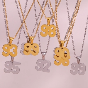 Detailed view of 18K gold and silver plated year number pendants on vertical chains