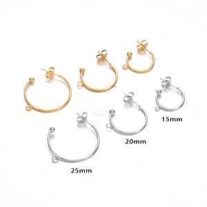 Macro view of C-shaped earring posts with loops in gold and silver, 15mm to 25mm sizes