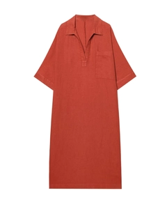 Robe chemise midi en lin terre cuite avec manches courtes et poche poitrine