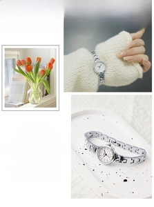 Detail showing the elegant silver bracelet watch with a diamond-studded white dial