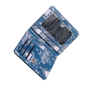 Blue skull print short folding wallet with card slots and transparent ID window