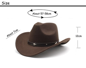 Detail showing wool felt cowboy hat measurements including 57-58cm head circumference