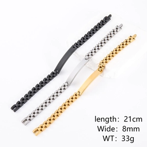 Close-up of 8mm wide men's ID link bracelets in black, silver, and gold steel finishes