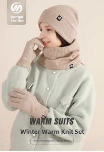 Detailed close-up of winter knit set including fleece-lined beanie, scarf, and gloves