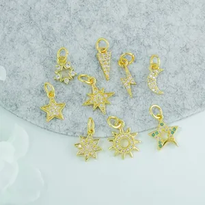 18K gold plated celestial charm pendants with moon stars and zircons for DIY jewelry