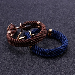 Handmade woven nylon rope bracelets with stainless steel anchors in brown and blue colors