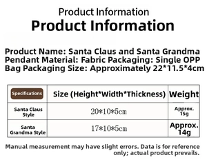 Size chart for Santa and Grandma plush ornaments showing dimensions and fabric details