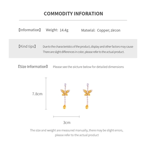 Detailed size chart showing 7.8cm drop length for zircon butterfly earrings