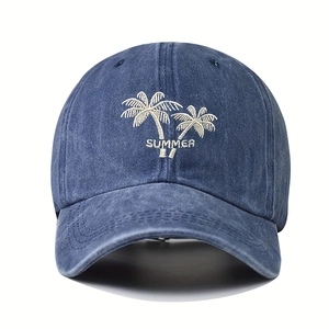 Detailed embroidery of white palm trees and SUMMER text on blue washed baseball cap