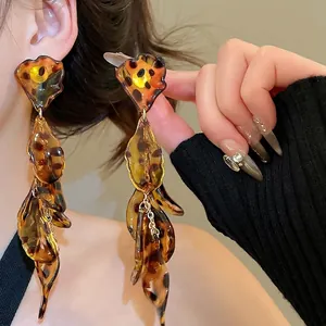 Long Tassel Leopard Print Flower Petal Earrings With 925 Sterling Silver Earring Post Vintage Exaggerated Acrylic Jewelry For Women