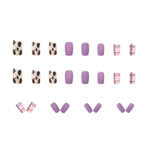 Matte leopard and plaid press-on nails in beige, purple and checkered patterns, 24pc set