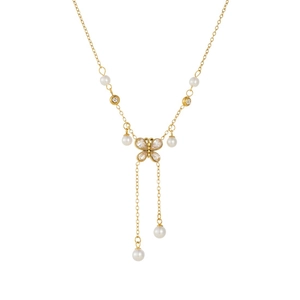 Elegant gold stainless steel necklace with diamond butterfly and pearl tassel pendant