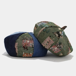 Women Retro Beret Hat Denim Jacquard Patchwork Landscape Pattern Artistic Vintage Painter Cap Cotton Headwear