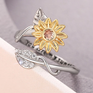 Bague tournesol ajustable avec pierre gemme et gravure You Are My Sunshine