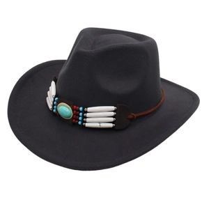 Ethnic western cowboy wool hat in charcoal gray with turquoise and bone bead band