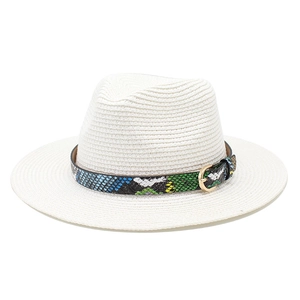 White woven wide brim straw fedora hat with snake pattern leather belt and metal buckle