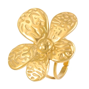 Detail of 18k gold plated stainless steel flower ring with hammered texture and floral petals