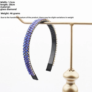 Detail of dark blue crystal headband showing 1.5cm width and 38cm length dimensions