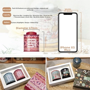 Detail view of small tin tea canister dimensions with vintage floral pattern and metal lids