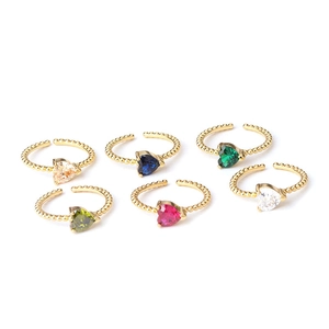 Set of six colorful heart zircon adjustable open rings in various elegant gemstone colors