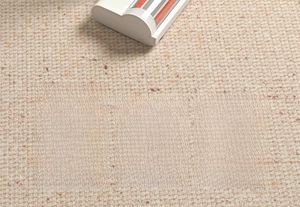 Macro shot of white vacuum cleaner brush accessory on a textured beige rug surface