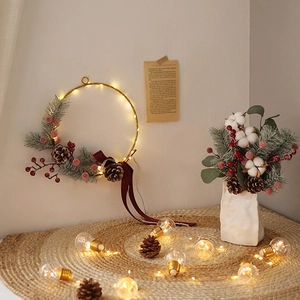 Christmas Wreath With LED Lights Pine Cones Red Berries Metal Wood Door Wall Hanging Decoration Festive Ornament